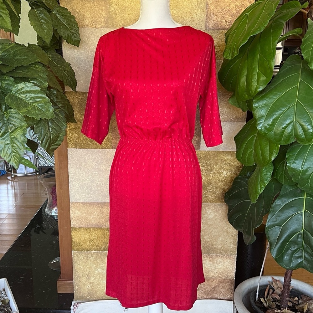 Fit & Flare Red Polka Dot Scoop Neck Elastic Waist Short Sleeve Everyday Dress